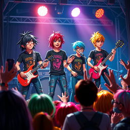 A vibrant 3D illustration of an emo band performing on stage, with a colorful crowd cheering
