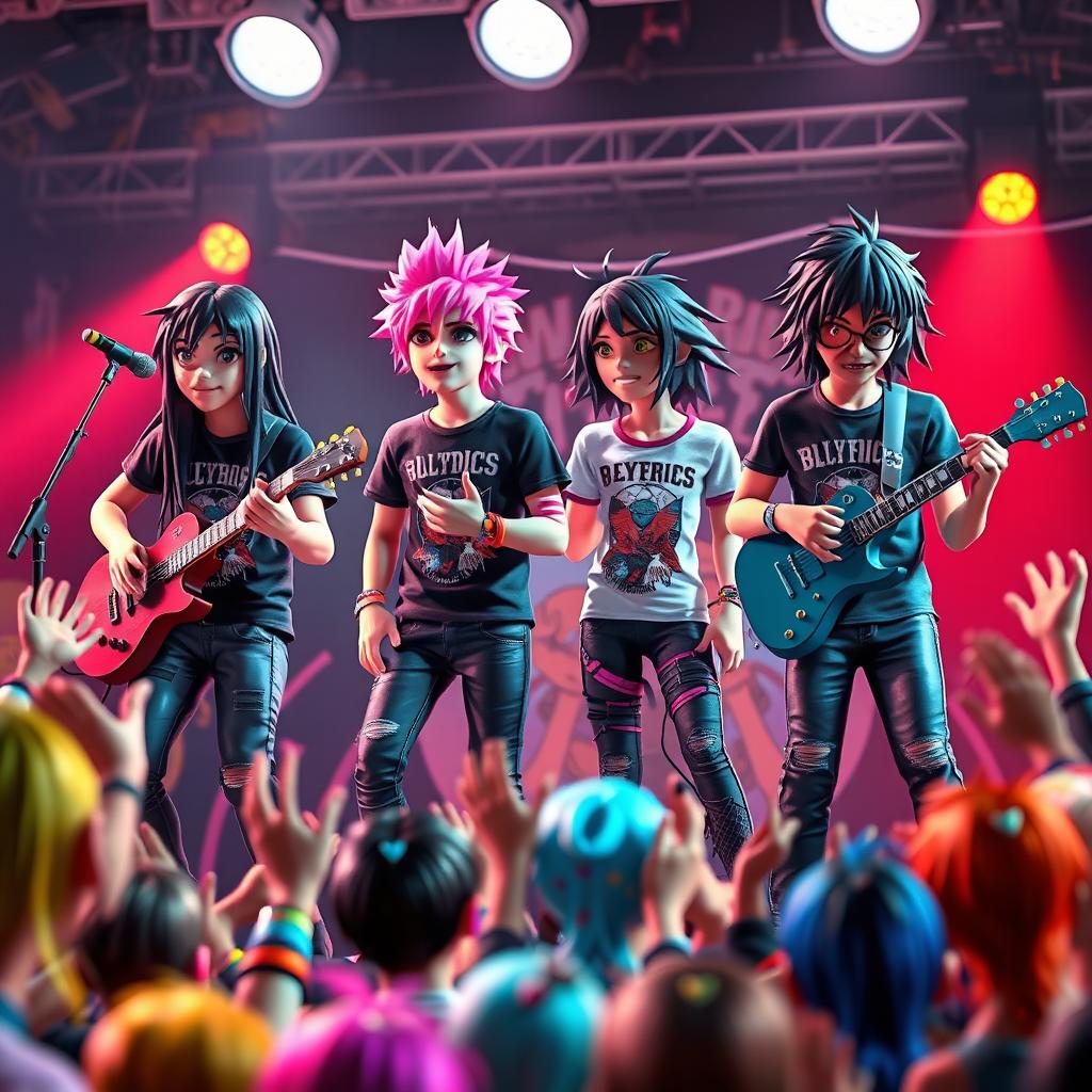 A vibrant 3D illustration of an emo band performing on stage, with a colorful crowd cheering