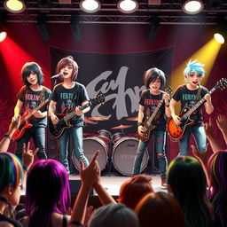 A vibrant 3D illustration of an emo band performing on stage, with a colorful crowd cheering