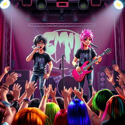 A vibrant 3D illustration of an emo band performing on stage, with a colorful crowd cheering