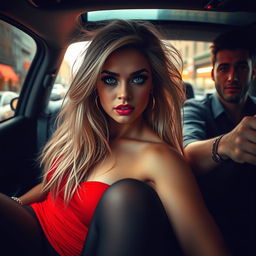 A captivating scene inside a car featuring a beautiful young woman with thick, curvy features and very long, messy dirty blonde hair