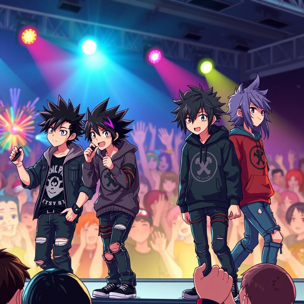 A dynamic 3D anime-style illustration of an emo band performing on stage