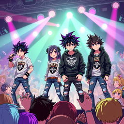 A dynamic 3D anime-style illustration of an emo band performing on stage
