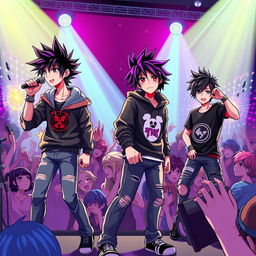 A dynamic 3D anime-style illustration of an emo band performing on stage