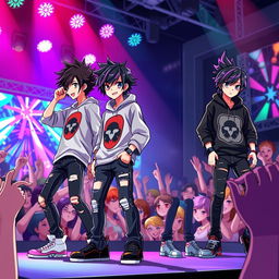 A dynamic 3D anime-style illustration of an emo band performing on stage