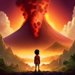 A Disney Pixar style movie poster featuring a melanuasian toddler looking in awe at a towering, active volcano. The movie title, 'Tales of Manaro', is proudly displayed.