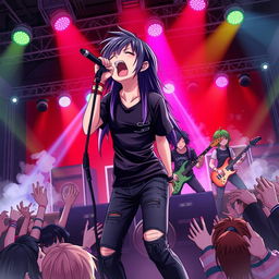A captivating 3D anime-style illustration of an emo band performing live on stage, with a focus on the lead vocalist passionately screaming into the microphone