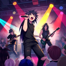 A captivating 3D anime-style illustration of an emo band performing live on stage, with a focus on the lead vocalist passionately screaming into the microphone