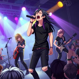 A captivating 3D anime-style illustration of an emo band performing live on stage, with a focus on the lead vocalist passionately screaming into the microphone