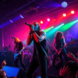An energetic emo band performing live on stage, with the lead vocalist passionately screaming into the microphone