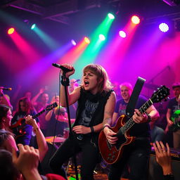 An energetic emo band performing live on stage, with the lead vocalist passionately screaming into the microphone