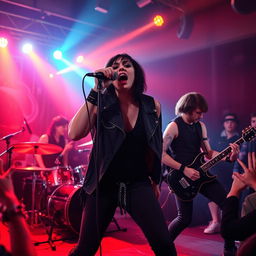 A dynamic and intense scene featuring an emo band performing on stage, with the vocalist passionately screaming into the microphone
