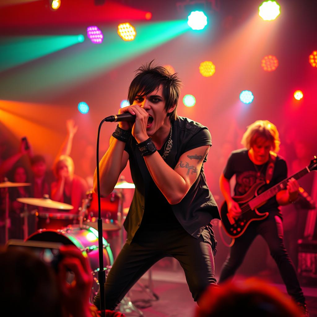 A dynamic and intense scene featuring an emo band performing on stage, with the vocalist passionately screaming into the microphone