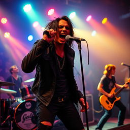 A dynamic and intense scene featuring an emo band performing on stage, with the vocalist passionately screaming into the microphone