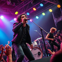 A dynamic and intense scene featuring an emo band performing on stage, with the vocalist passionately screaming into the microphone