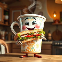 A whimsical scene featuring a large, anthropomorphic cup of coffee with a cheerful expression, playfully holding a delicious sandwich