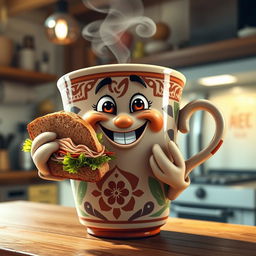 A whimsical scene featuring a large, anthropomorphic cup of coffee with a cheerful expression, playfully holding a delicious sandwich