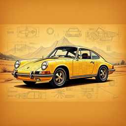 A stunning poster featuring a classic Porsche 911 car designed in the iconic style reminiscent of Leonardo da Vinci
