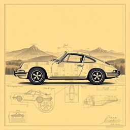 A stunning poster featuring a classic Porsche 911 car designed in the iconic style reminiscent of Leonardo da Vinci