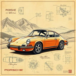 A stunning poster featuring a classic Porsche 911 car designed in the iconic style reminiscent of Leonardo da Vinci