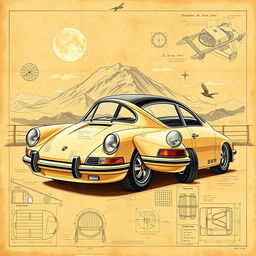 A stunning poster featuring a classic Porsche 911 car designed in the iconic style reminiscent of Leonardo da Vinci