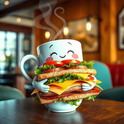 A whimsical scene featuring a cute anthropomorphic cup of coffee gently cradling a sandwich in its arms