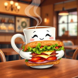 A whimsical scene featuring a cute anthropomorphic cup of coffee gently cradling a sandwich in its arms