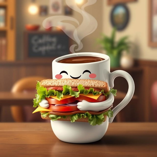 A whimsical scene featuring a cute anthropomorphic cup of coffee gently cradling a sandwich in its arms