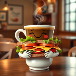 A whimsical scene featuring a cute anthropomorphic cup of coffee gently cradling a sandwich in its arms