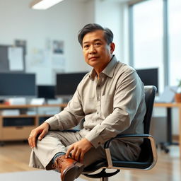 A 3D image of an Indonesian man in his 40s, who is a director, sitting in a well-lit workroom
