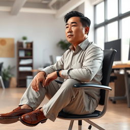 A 3D image of an Indonesian man in his 40s, who is a director, sitting in a well-lit workroom