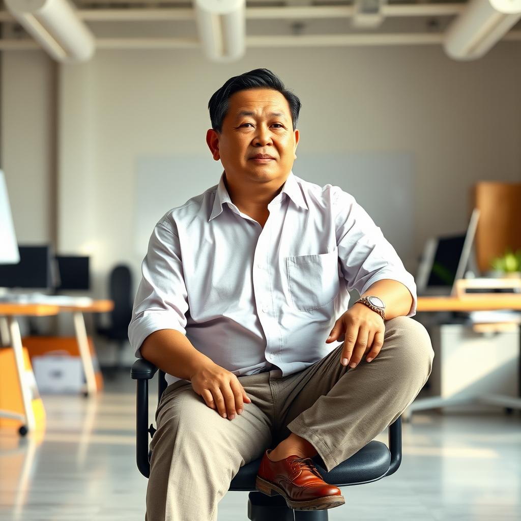 A 3D image of an Indonesian man in his 40s, who is a director, sitting in a well-lit workroom