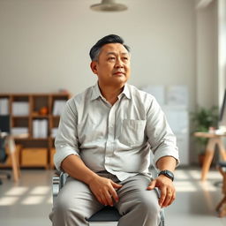 A 3D image of an Indonesian man in his 40s, who is a director, sitting in a well-lit workroom