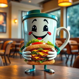 A whimsical scene featuring a large, cartoon-style coffee cup with arms and a happy face, holding a delicious sandwich with layers of lettuce, tomato, and cheese