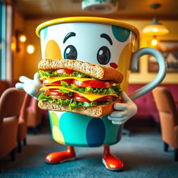 A whimsical scene featuring a large, cartoon-style coffee cup with arms and a happy face, holding a delicious sandwich with layers of lettuce, tomato, and cheese