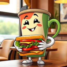 A whimsical scene featuring a large, cartoon-style coffee cup with arms and a happy face, holding a delicious sandwich with layers of lettuce, tomato, and cheese
