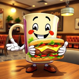 A whimsical scene featuring a large, cartoon-style coffee cup with arms and a happy face, holding a delicious sandwich with layers of lettuce, tomato, and cheese
