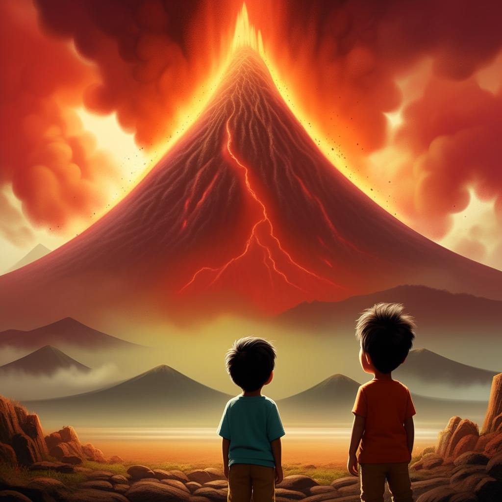 A Disney Pixar style movie poster featuring a melanuasian toddler looking in awe at a towering, active volcano. The movie title, 'Tales of Manaro', is proudly displayed.