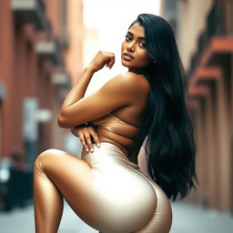 An Indian woman confidently posing, showcasing her thick thighs in sleek satin leggings that gleam softly under gentle lighting
