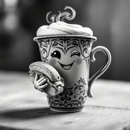 A whimsical cup of coffee anthropomorphized, holding a delicious sandwich with a cheerful expression