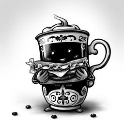 A whimsical cup of coffee anthropomorphized, holding a delicious sandwich with a cheerful expression