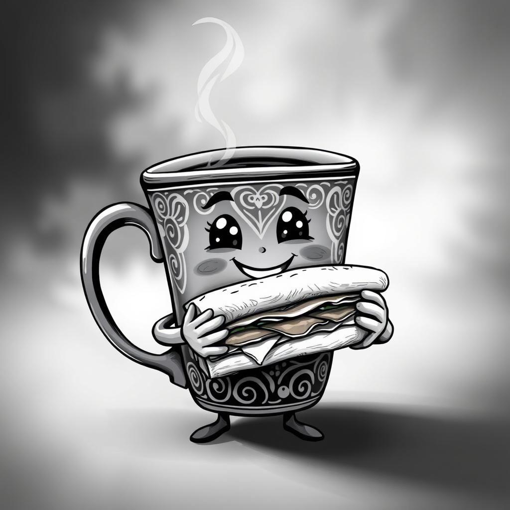 A whimsical cup of coffee anthropomorphized, holding a delicious sandwich with a cheerful expression