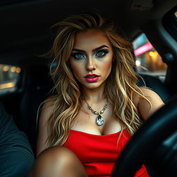 An intense and dramatic interior shot of a car featuring a stunning young woman characterized by her thick, curvy body and long, messy dirty blonde hair