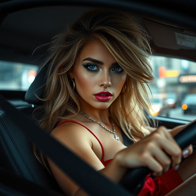 An intense and dramatic interior shot of a car featuring a stunning young woman characterized by her thick, curvy body and long, messy dirty blonde hair