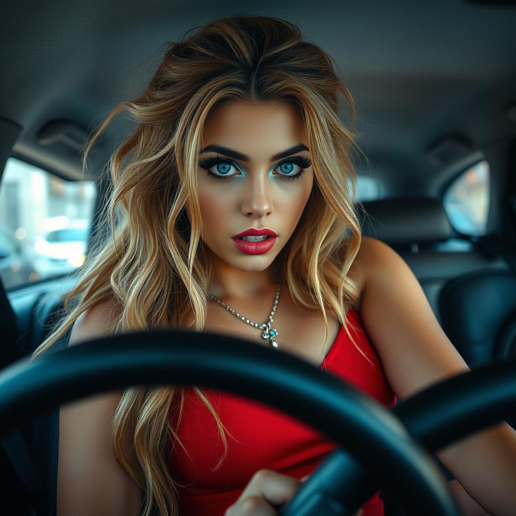 An intense and dramatic interior shot of a car featuring a stunning young woman characterized by her thick, curvy body and long, messy dirty blonde hair