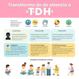Um design gráfico informativo sobre o Transtorno do Déficit de Atenção e Hiperatividade (TDH), mostrando suas características principais, causas, sintomas, e métodos de tratamento