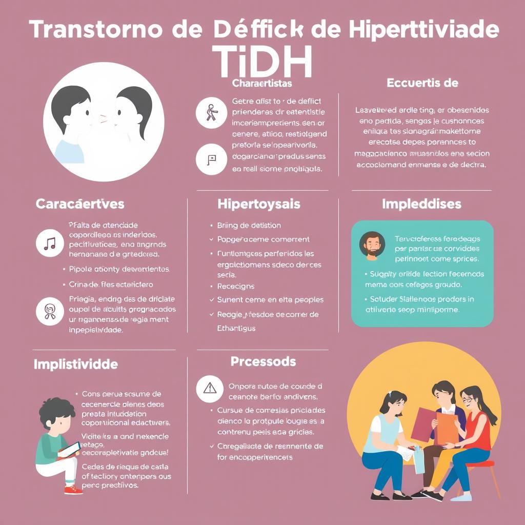 Um design gráfico informativo sobre o Transtorno do Déficit de Atenção e Hiperatividade (TDH), mostrando suas características principais, causas, sintomas, e métodos de tratamento