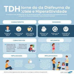 Um design gráfico informativo sobre o Transtorno do Déficit de Atenção e Hiperatividade (TDH), mostrando suas características principais, causas, sintomas, e métodos de tratamento