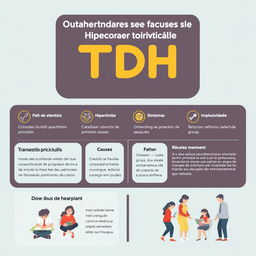 Um design gráfico informativo sobre o Transtorno do Déficit de Atenção e Hiperatividade (TDH), mostrando suas características principais, causas, sintomas, e métodos de tratamento