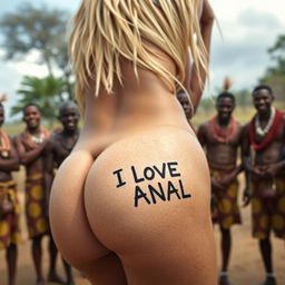 A close-up image of a blonde woman with naked round and sexy buttocks as she bends over, featuring a playful "I LOVE ANAL" sign tattoo on her backside